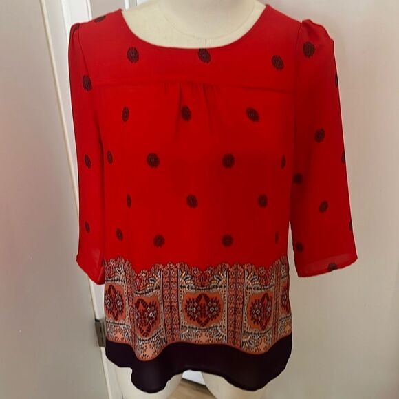 Anthropologie Maeve Rila Red Print 3/4 Sleeve Blouse - Picture 8 of 9